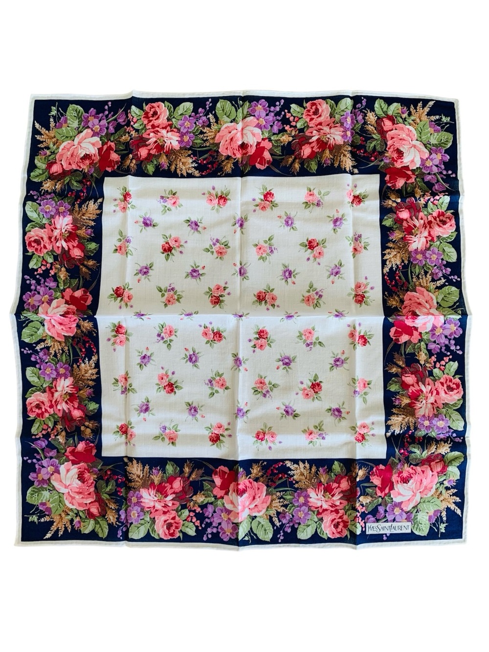 Yves Saint Laurent YSL Vintage Floral Handkerchief 18โ Navy Pink Purple Japan